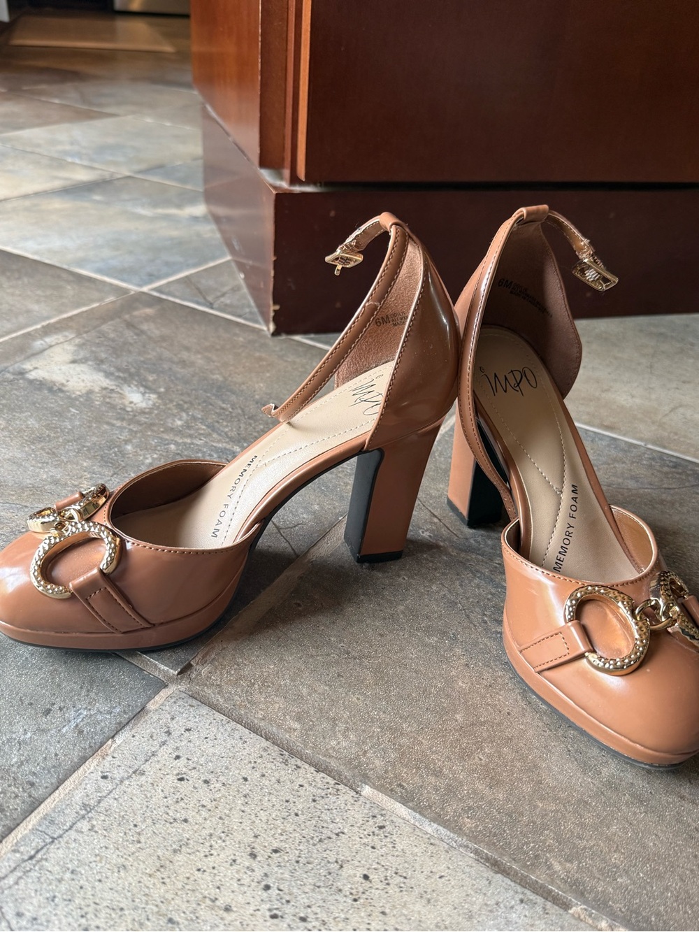 IMPO Tan Patent Ankle-Strap Block Heels with Gold Ring Detail